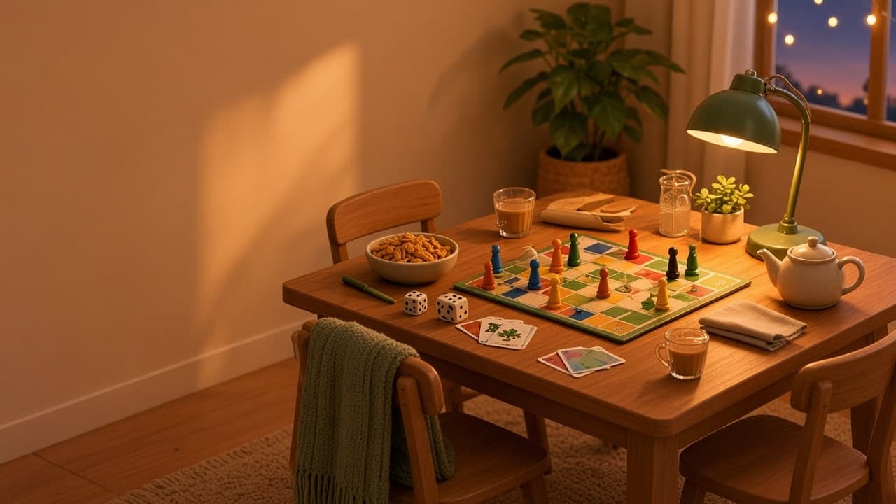 A wooden table after a game night: a half-played board game, chai cups, cards and snacks under a warm lamp