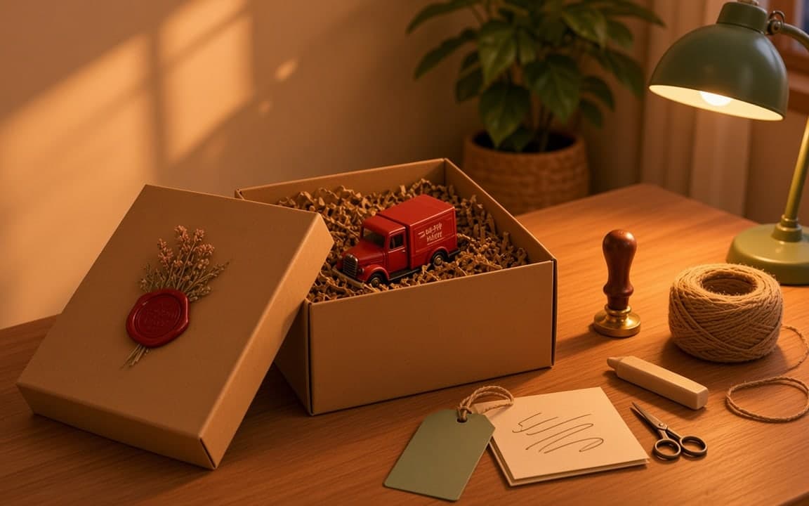 A toy truck packed in a kraft gift box with a red wax seal, twine and a handwritten note