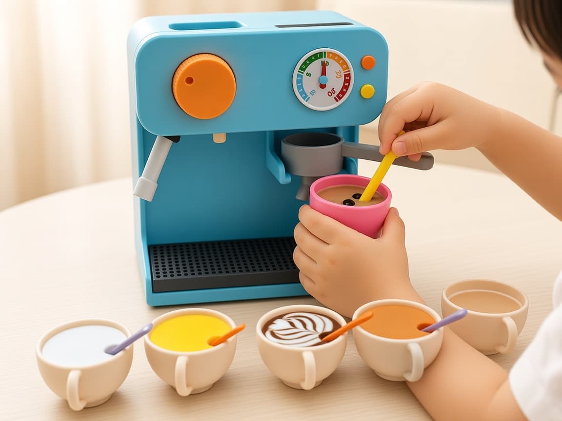Child preparing a pretend drink with a pink cup