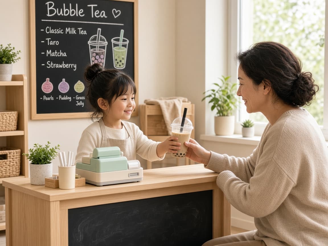 Child serving a parent across a pretend café counter