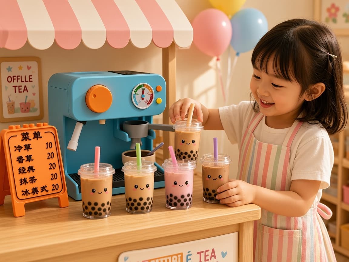 Child arranging a pastel café world