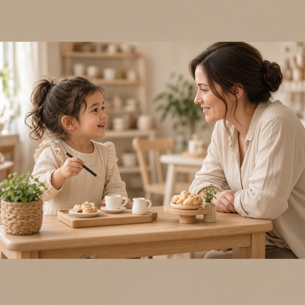 Child and parent talking across the café counter
