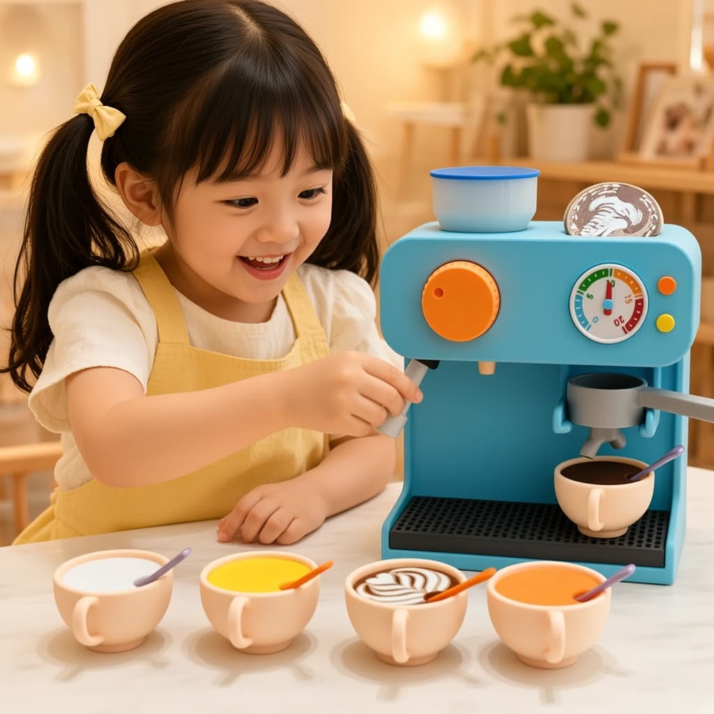 Child inventing café stories at the play counter