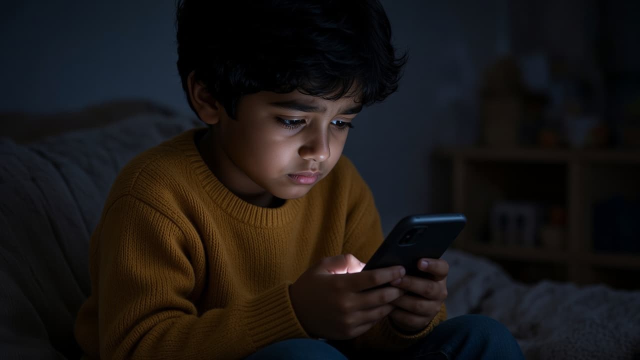 Same child looking tired on a phone in a dim room before café play