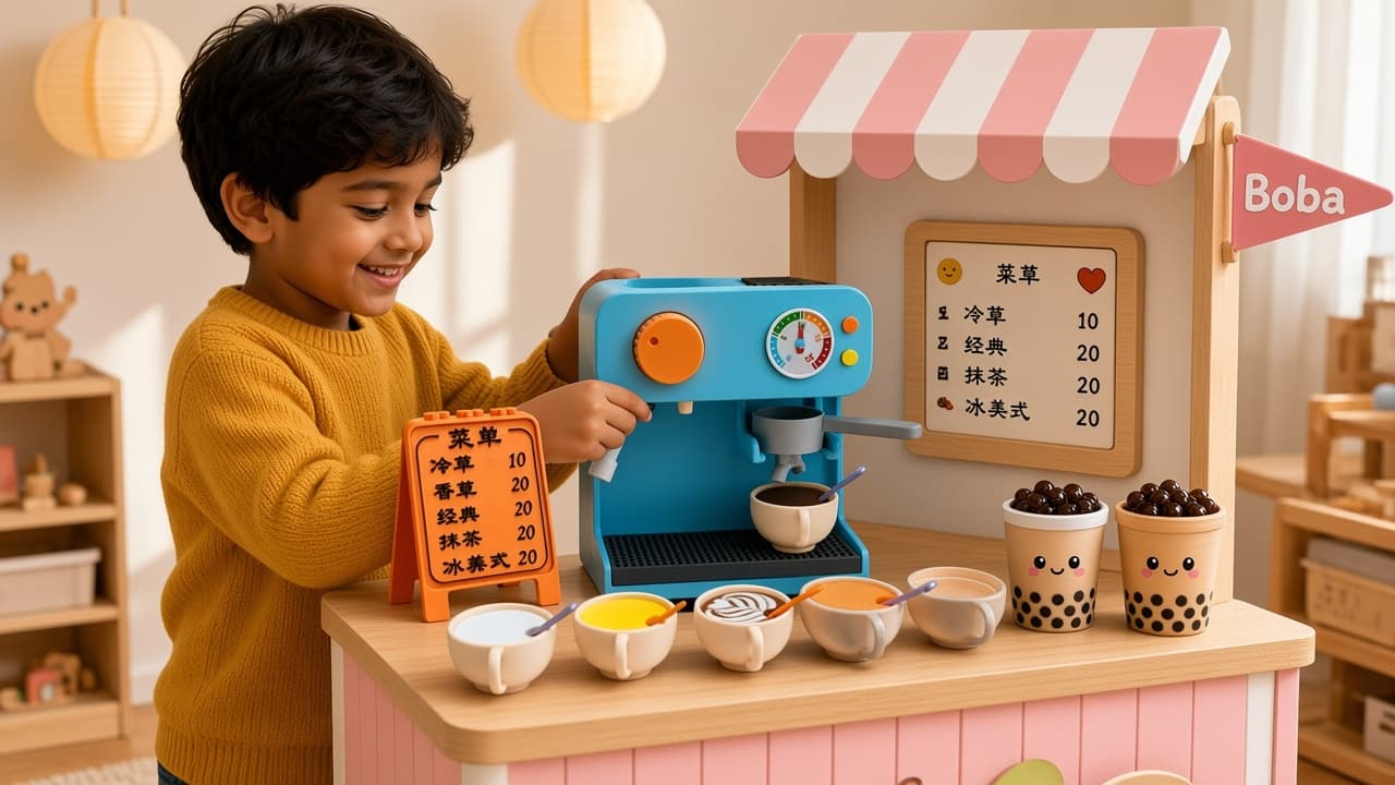 Child running a pretend pastel café at home