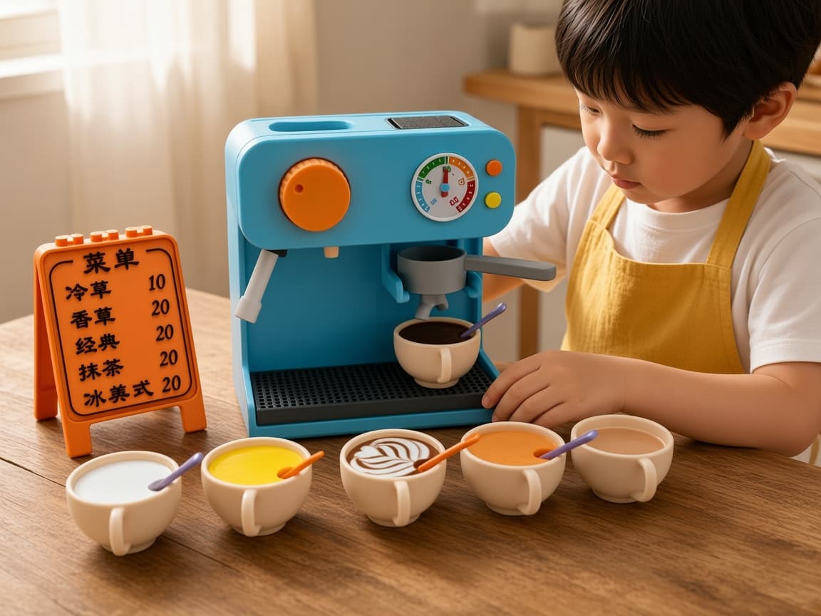 Child playing alone as shopkeeper with the café machine
