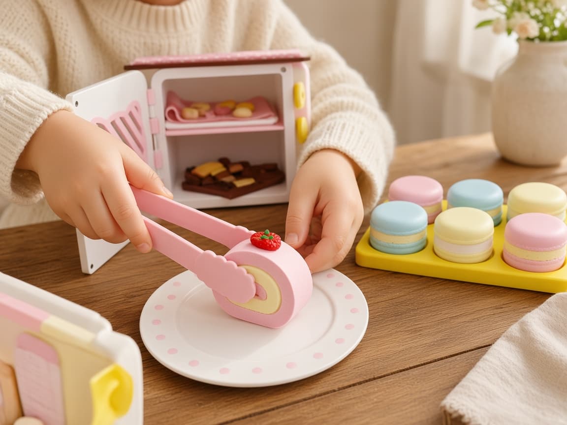 Baking Expert magnetic pretend bakery with oven, cakes, and counter pieces, Slice and share