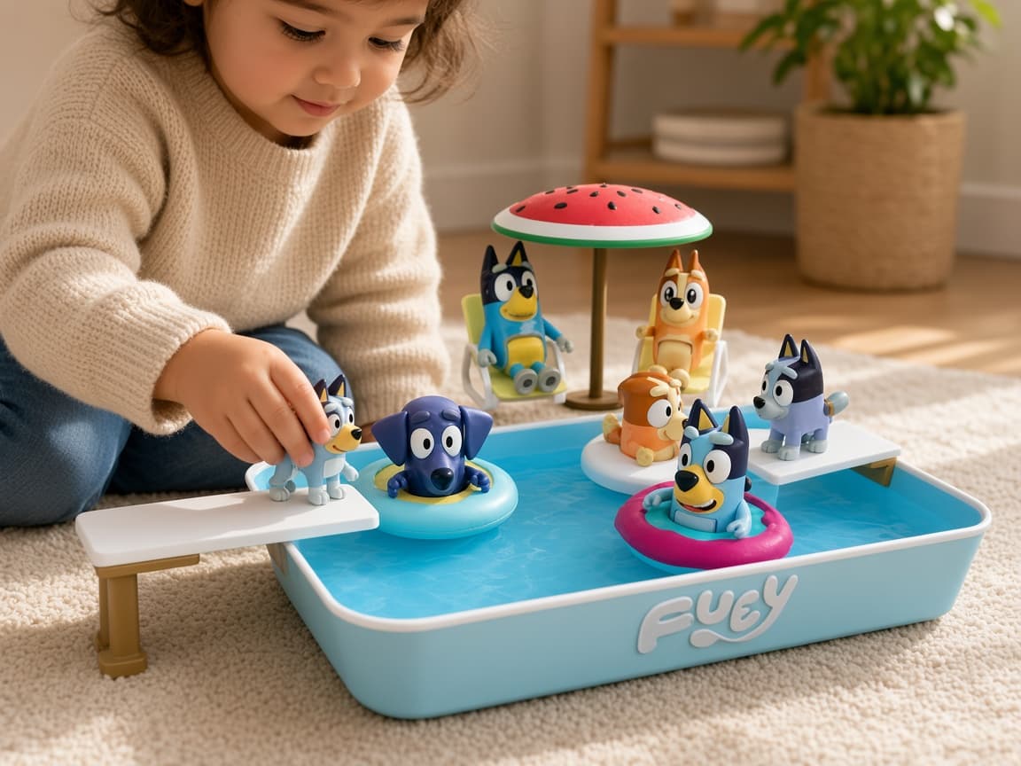 Backyard pool playset miniature scaled for compatible pocket figures, Figures at play