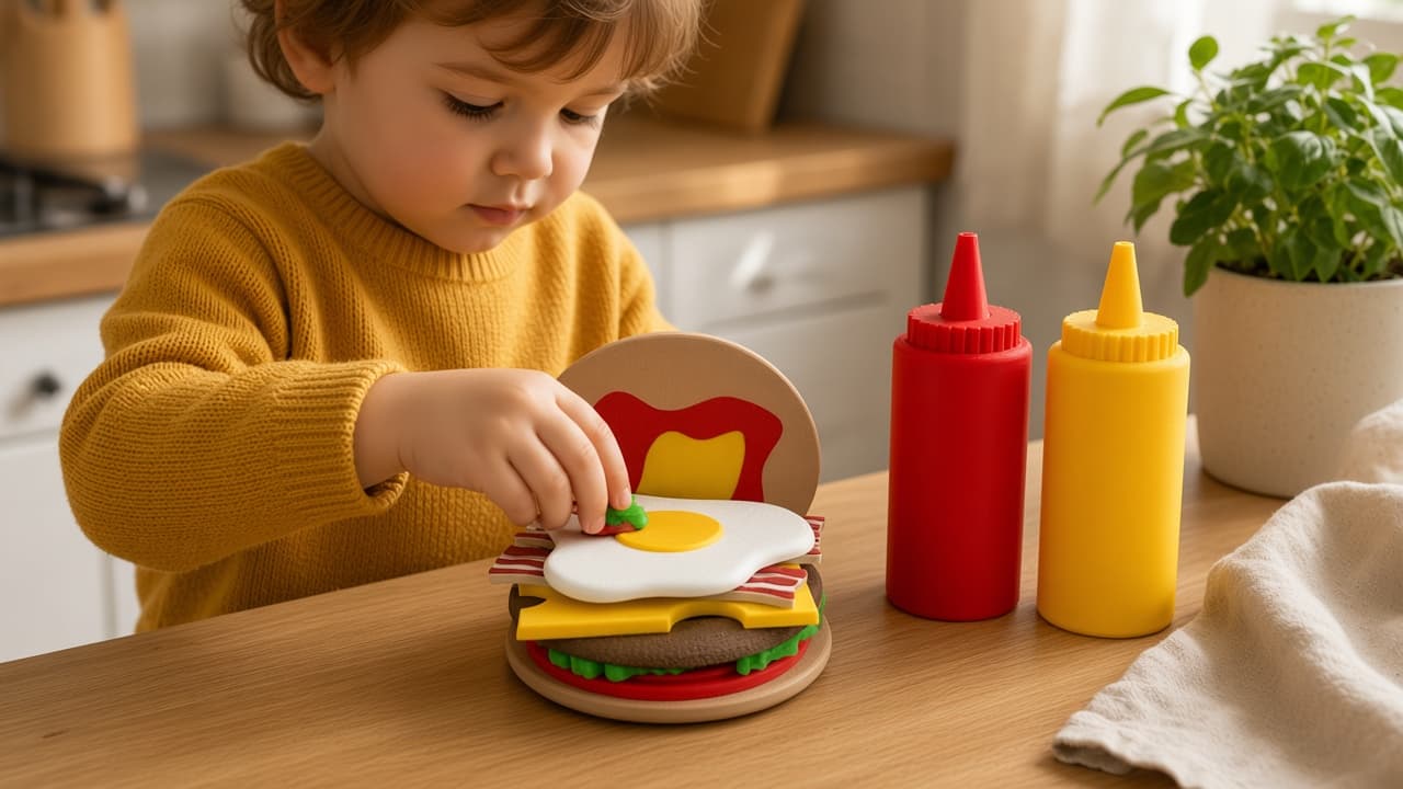 Stackable pretend burger with layers for build-your-way play