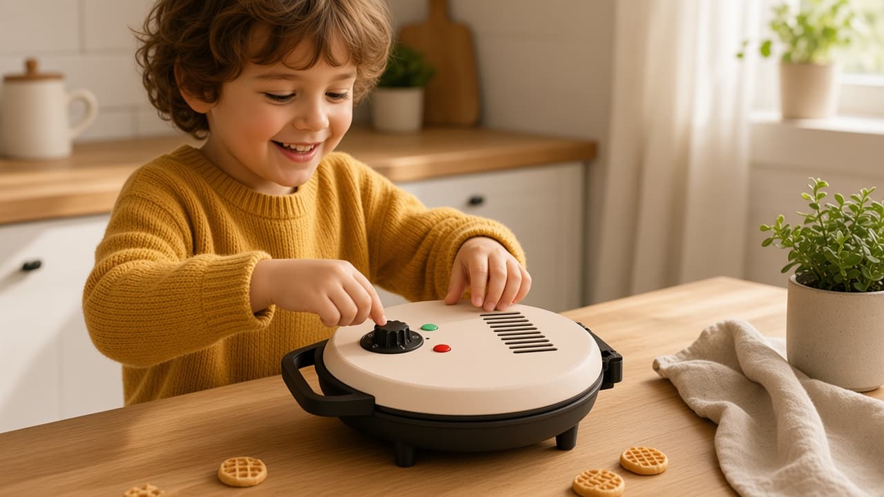 Pretend waffle iron with dial and waffle pieces for Sunday brunch play