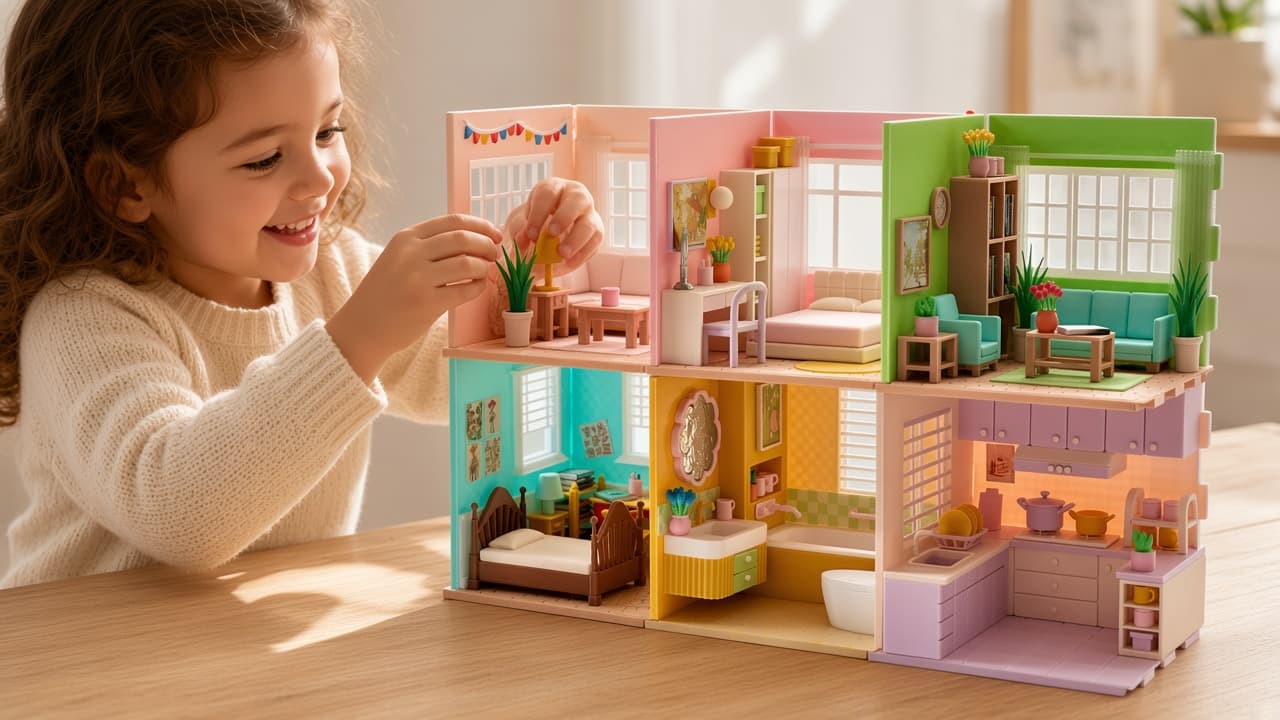 Colorful miniature home with six rooms for storytelling play
