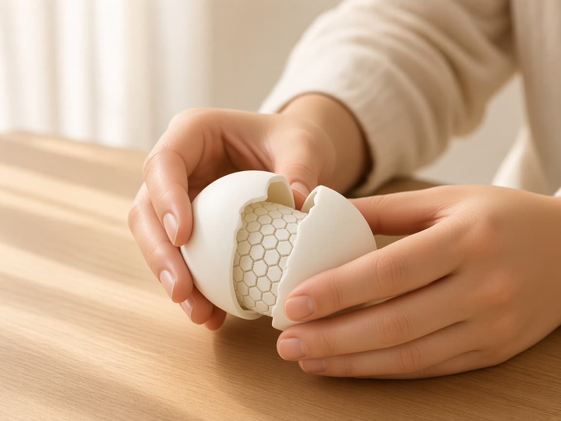 Fabric fried egg fidget with magnetic shell, tray, and carton, Crack the shell