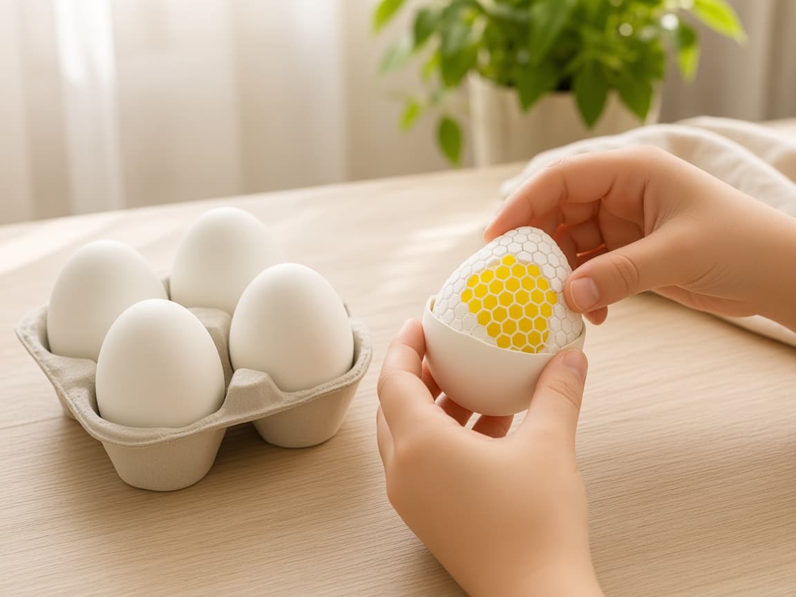 Fabric fried egg fidget with magnetic shell, tray, and carton, Nest and reset