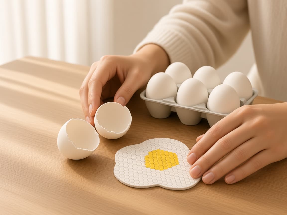 Fabric fried egg fidget with magnetic shell, tray, and carton, quiet play