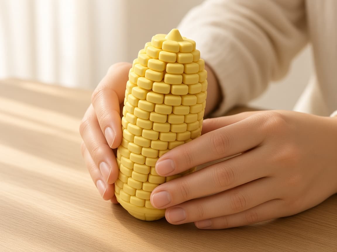 Flexi Corn Cob Mini fidget with bendable kernel rows, Flex a row