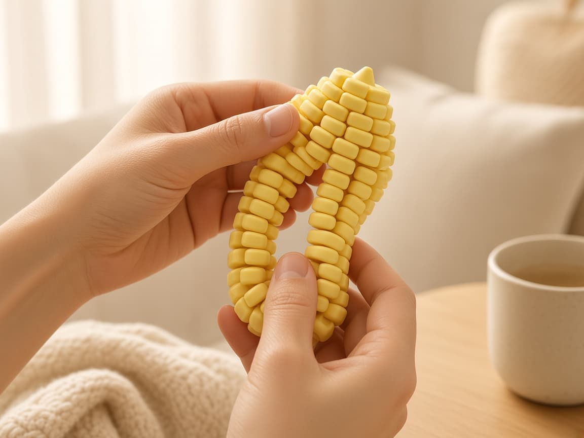 Flexi Corn Cob Mini fidget with bendable kernel rows, Hear the click