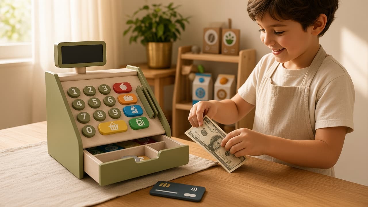 Little Grocer pretend shop with cash register, shelves, and grocery boxes