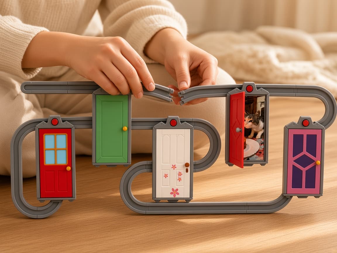 Monster Rail sliding door memory wall with rail-mounted photo reveals, Lay the track