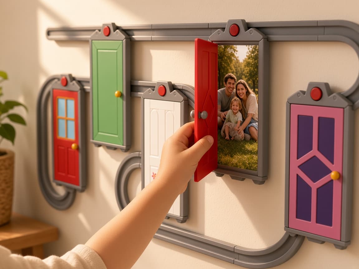 Monster Rail sliding door memory wall with rail-mounted photo reveals, Set the photograph