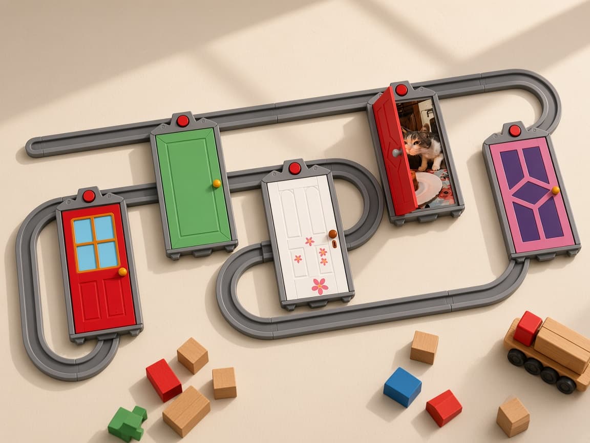 Monster Rail sliding door memory wall with rail-mounted photo reveals, Slide to reveal