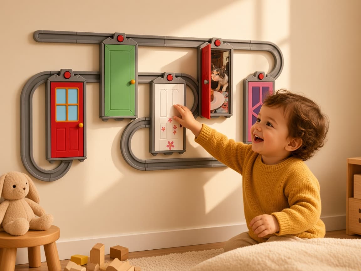 Monster Rail sliding door memory wall with rail-mounted photo reveals, Reveal by Hand