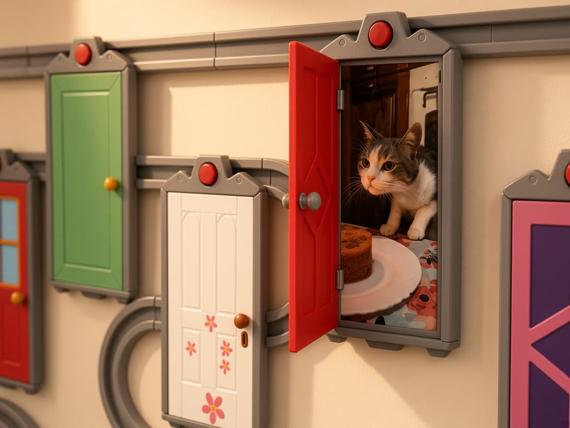 Monster Rail sliding door memory wall with rail-mounted photo reveals, Mix Door Styles