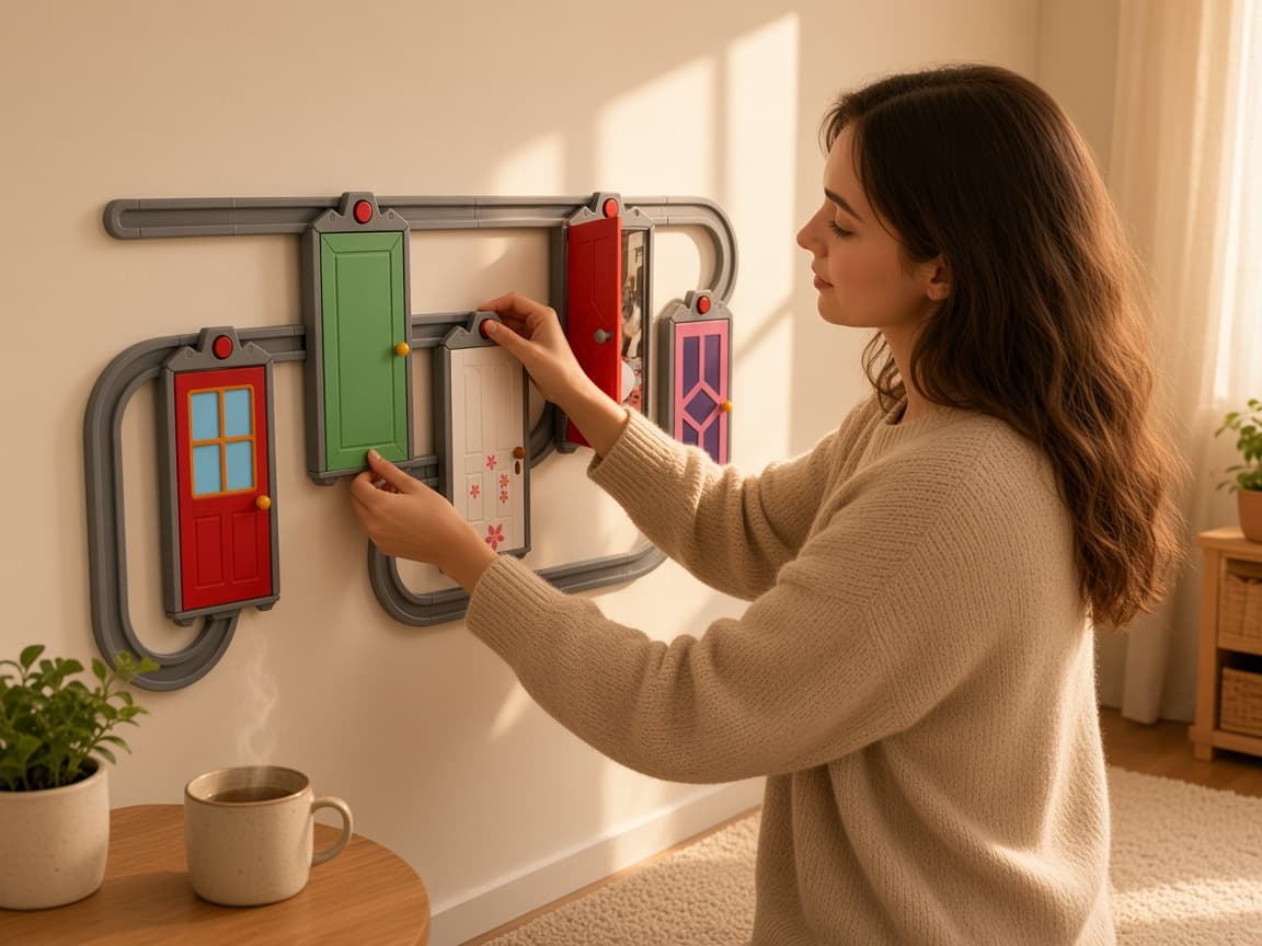 Monster Rail sliding door memory wall with rail-mounted photo reveals, quiet play