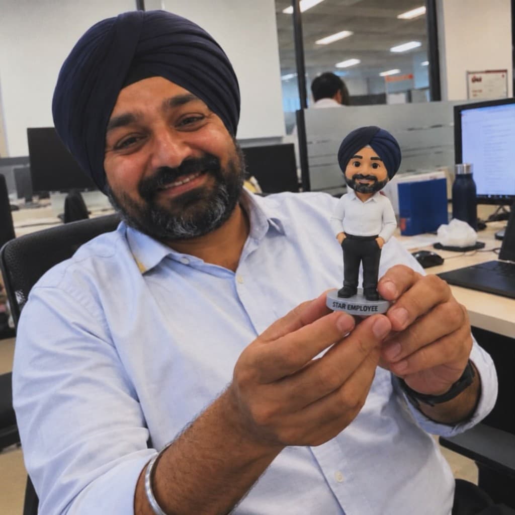 Employee holding his Star Employee Offline Avatar at his office desk