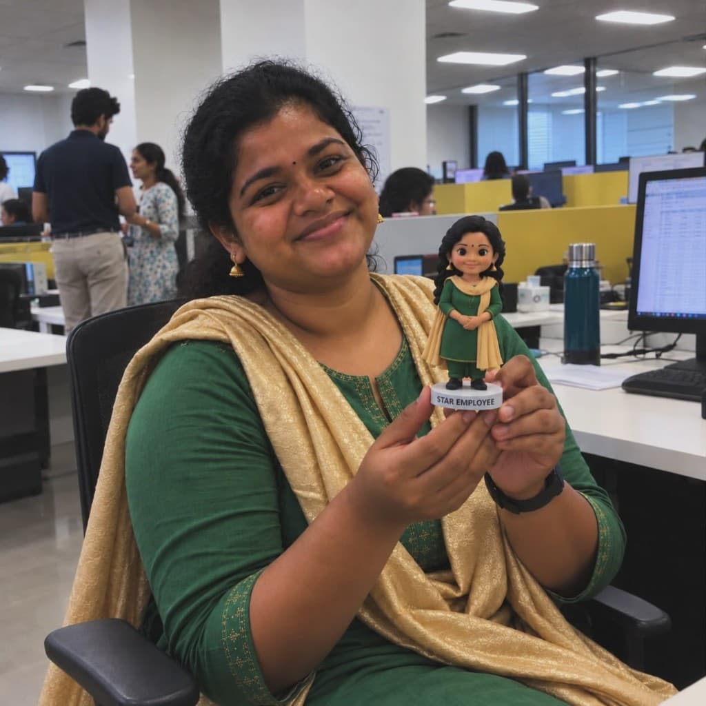 Employee smiling with her Star Employee Offline Avatar at the office