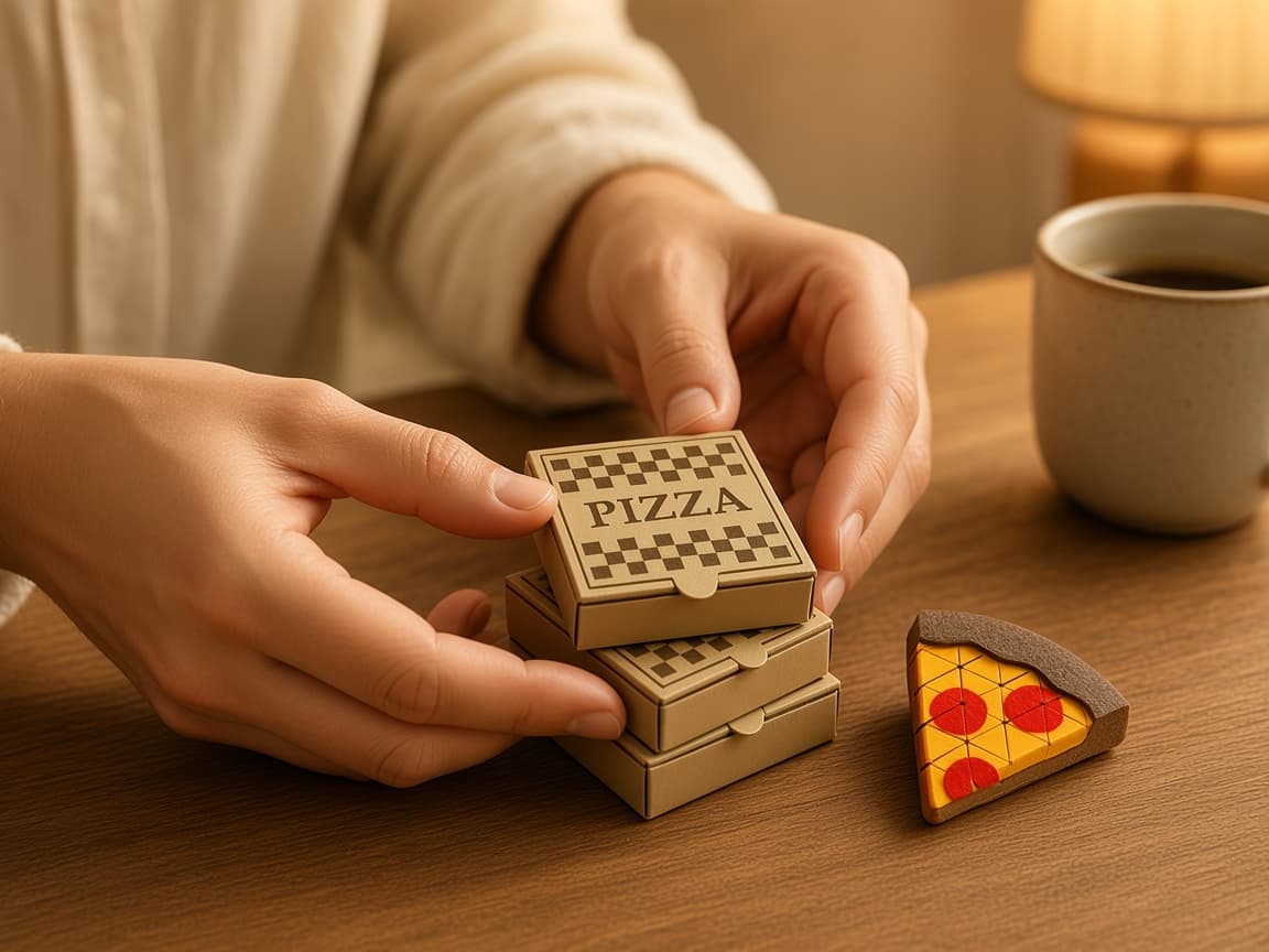 Desk-sized pretend pizza boxes for delivery-night play, Stack the boxes