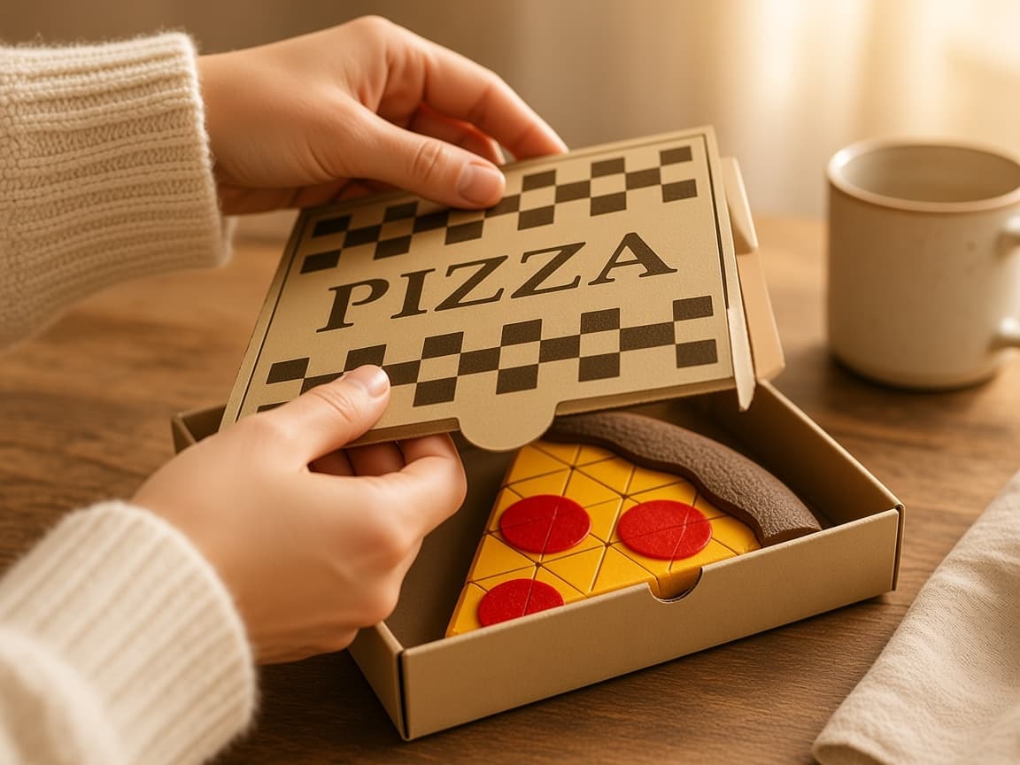 Desk-sized pretend pizza boxes for delivery-night play, Open the lid