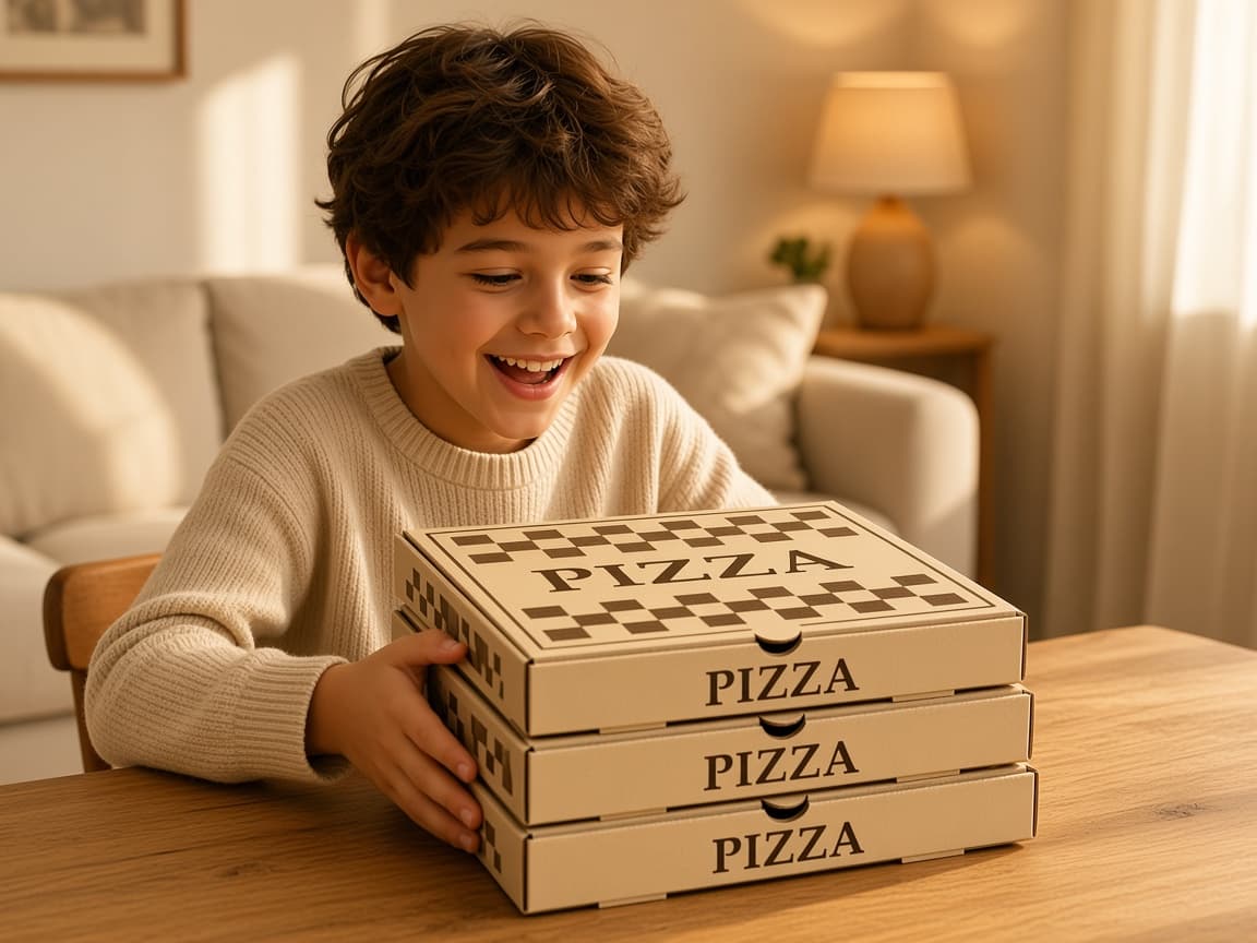 Desk-sized pretend pizza boxes for delivery-night play, Delivery Night Energy