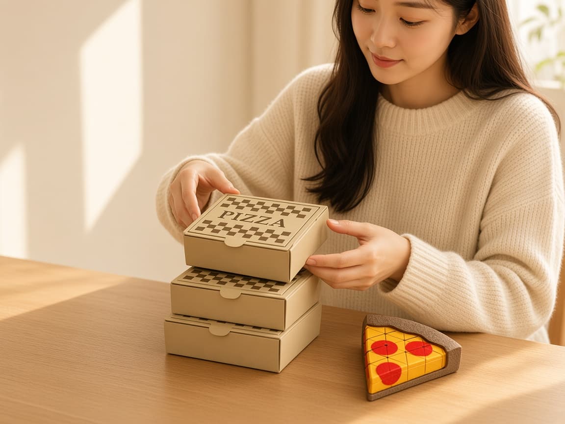 Desk-sized pretend pizza boxes for delivery-night play, quiet play
