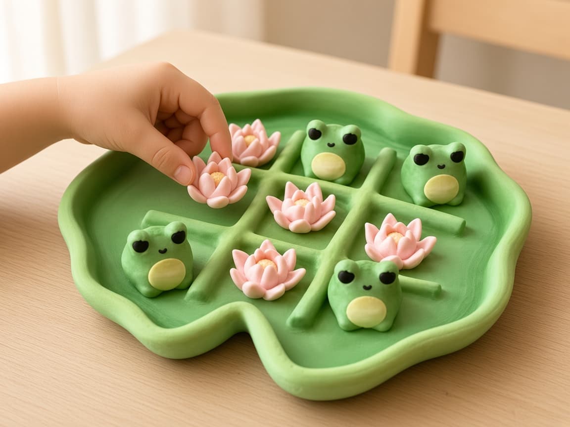Tic Tac Toad pond game with lily pad board, frog pieces, and flower markers, Claim a square