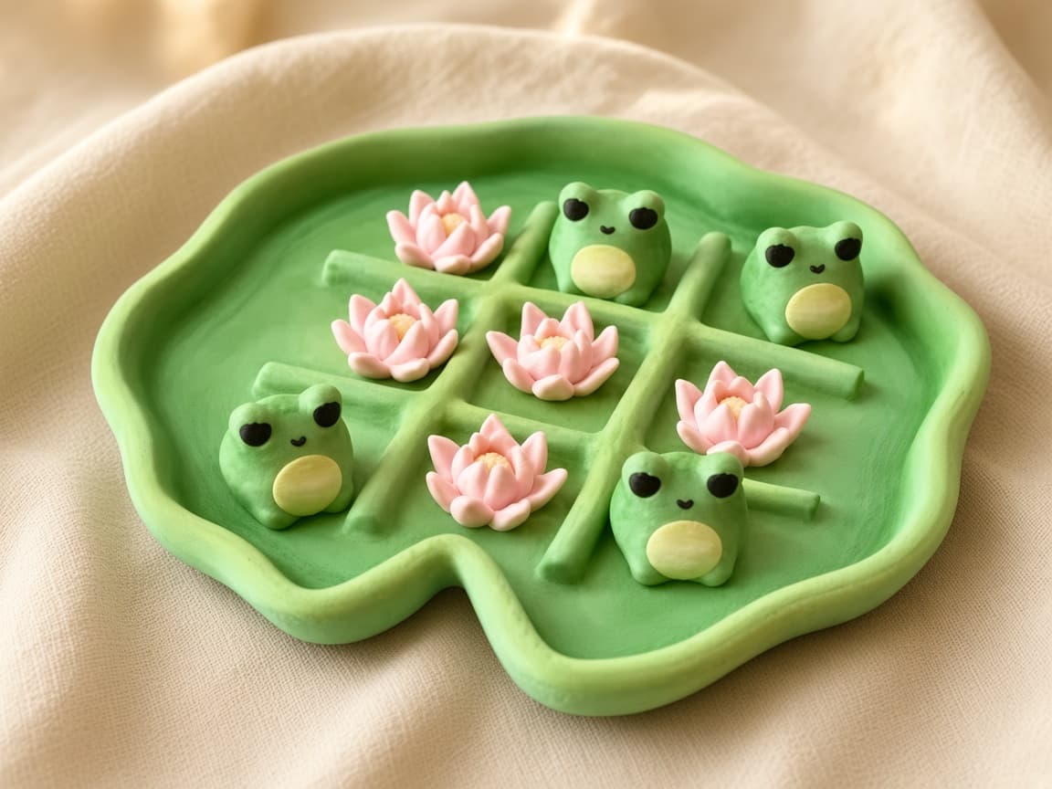 Tic Tac Toad pond game with lily pad board, frog pieces, and flower markers, Block the hop