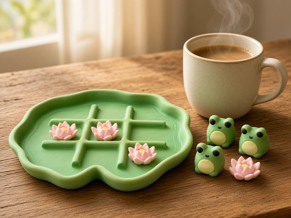 Tic Tac Toad pond game with lily pad board, frog pieces, and flower markers, Win the pond