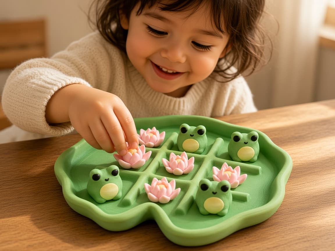 Tic Tac Toad pond game with lily pad board, frog pieces, and flower markers, Pond Strategy