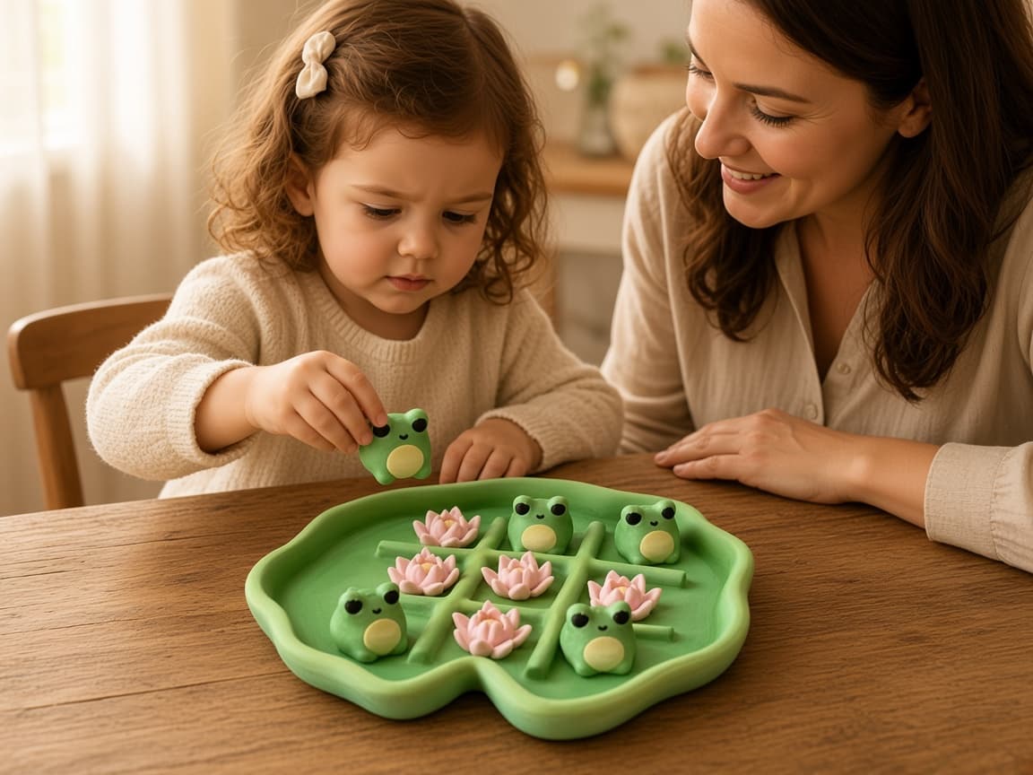 Tic Tac Toad pond game with lily pad board, frog pieces, and flower markers, Watch the Pad