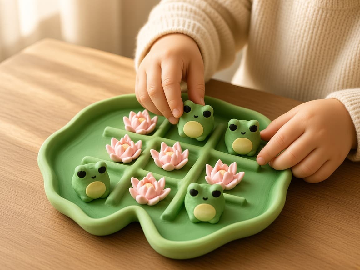 Tic Tac Toad pond game with lily pad board, frog pieces, and flower markers, quiet play