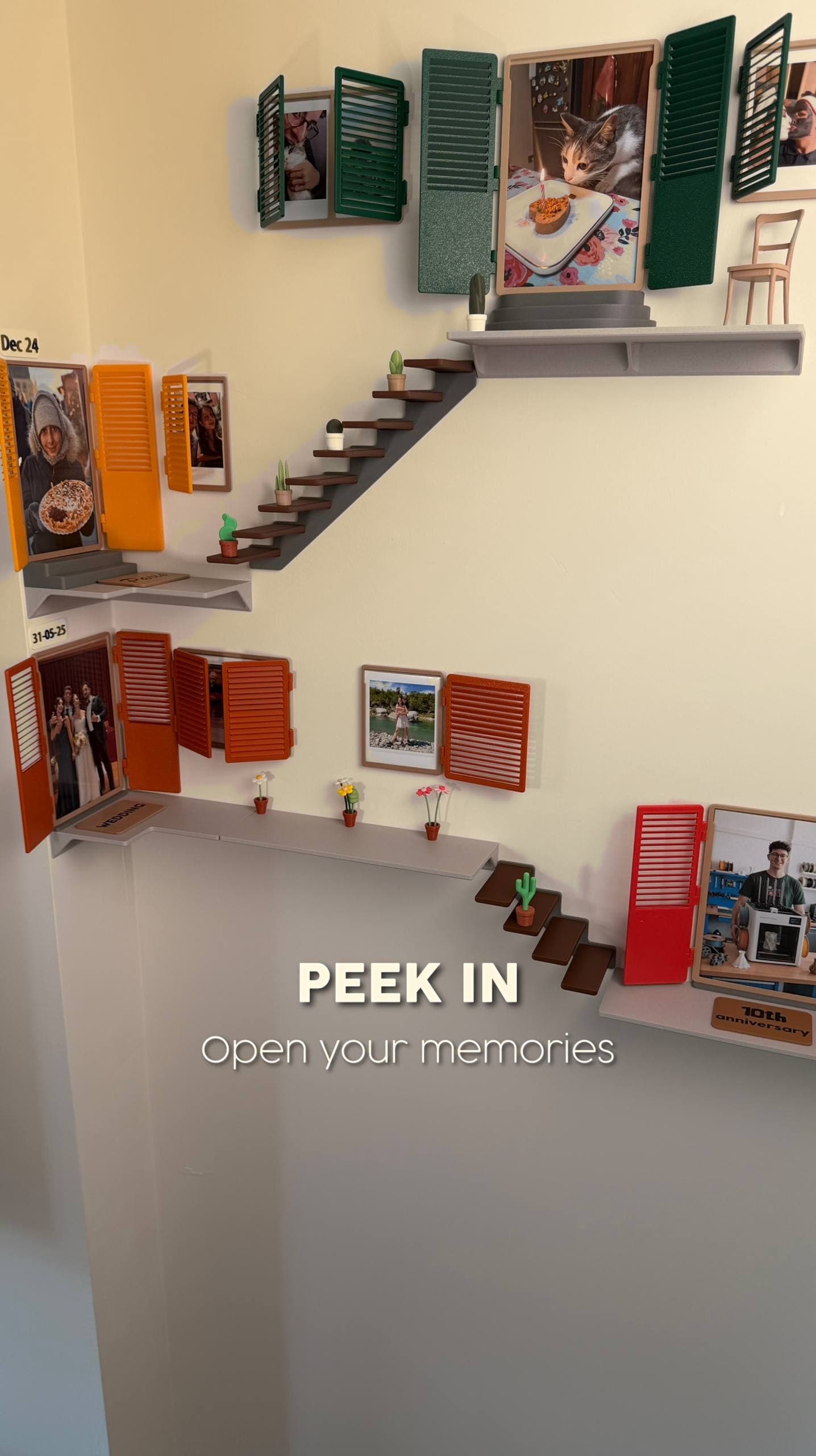 Peek In modular wall memory windows with openable shutters for prints