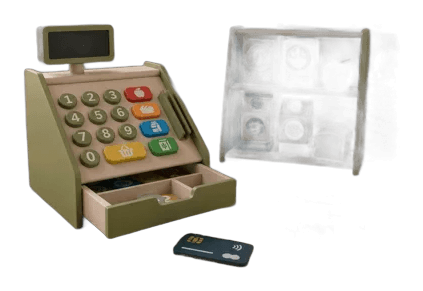 Little Grocer pretend shop with cash register, shelves, and grocery boxes