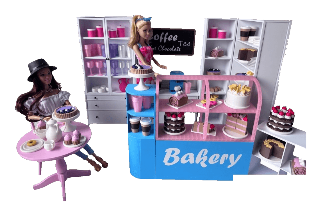 Loving mini bakery dollhouse with oven, counter, and cozy staging details