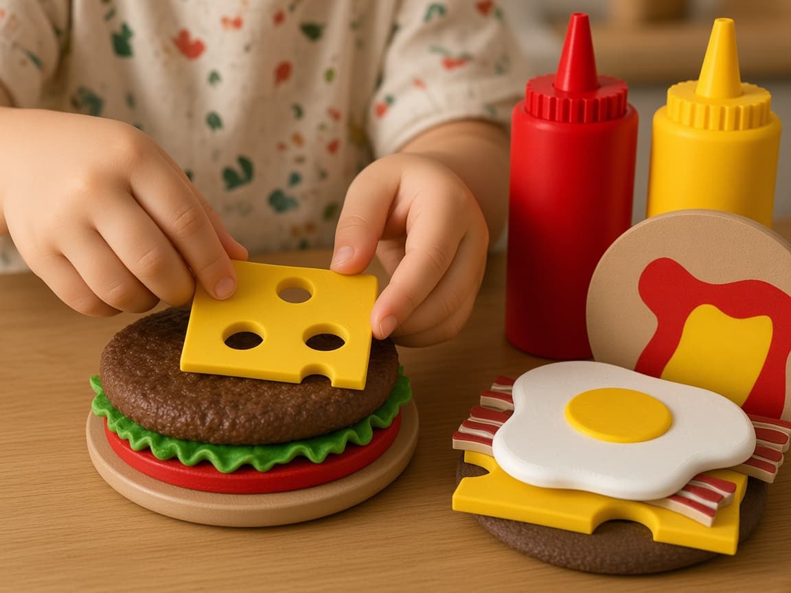 Stackable pretend burger with layers for build-your-way play, Lay the base