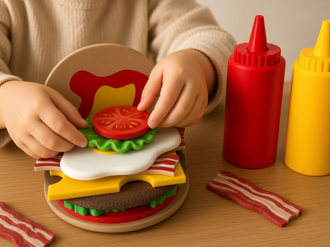 Stackable pretend burger with layers for build-your-way play, Stack the layers