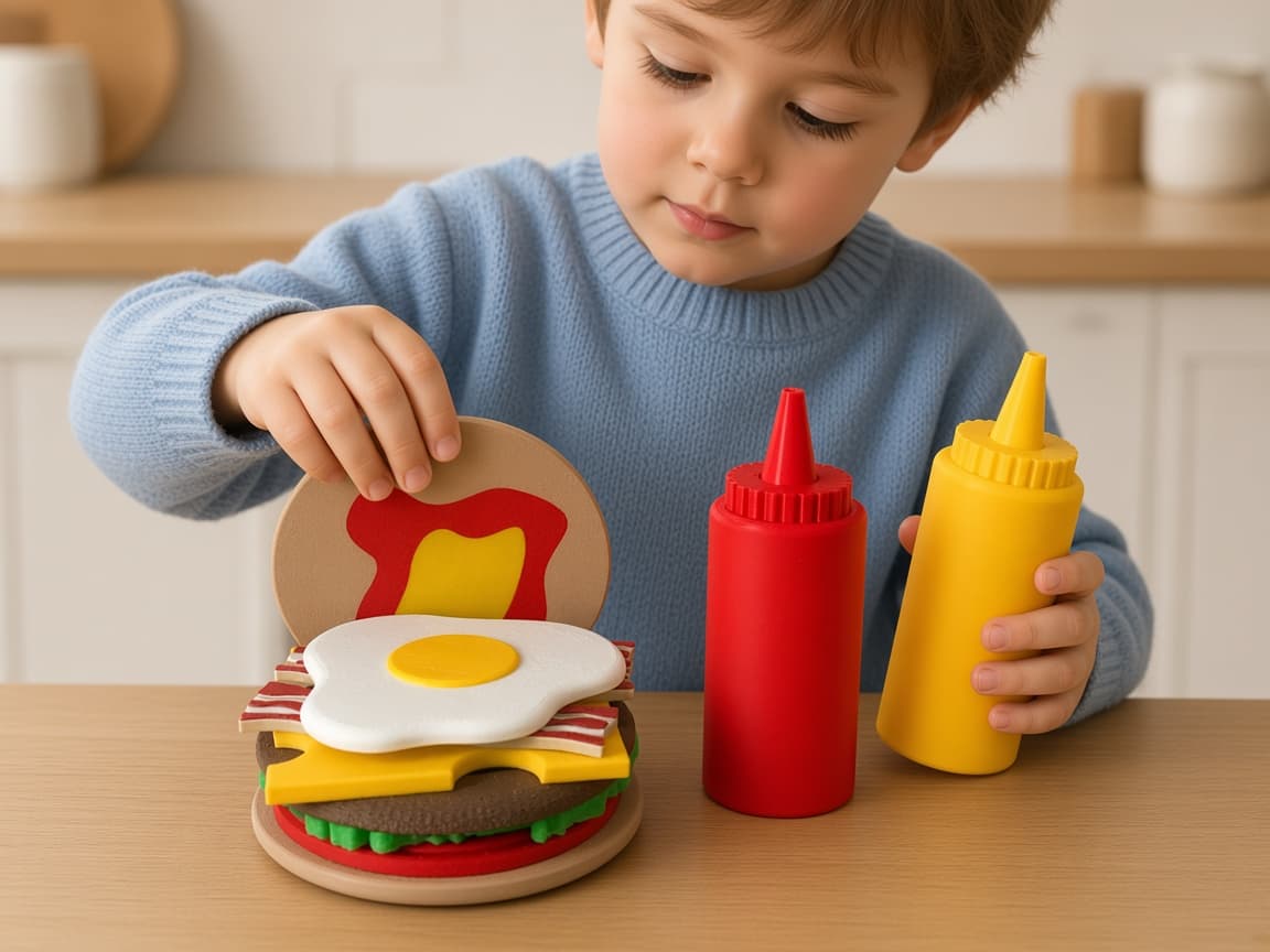 Stackable pretend burger with layers for build-your-way play, Serve the order