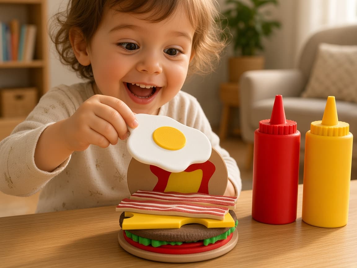 Stackable pretend burger with layers for build-your-way play, A Stack They Design