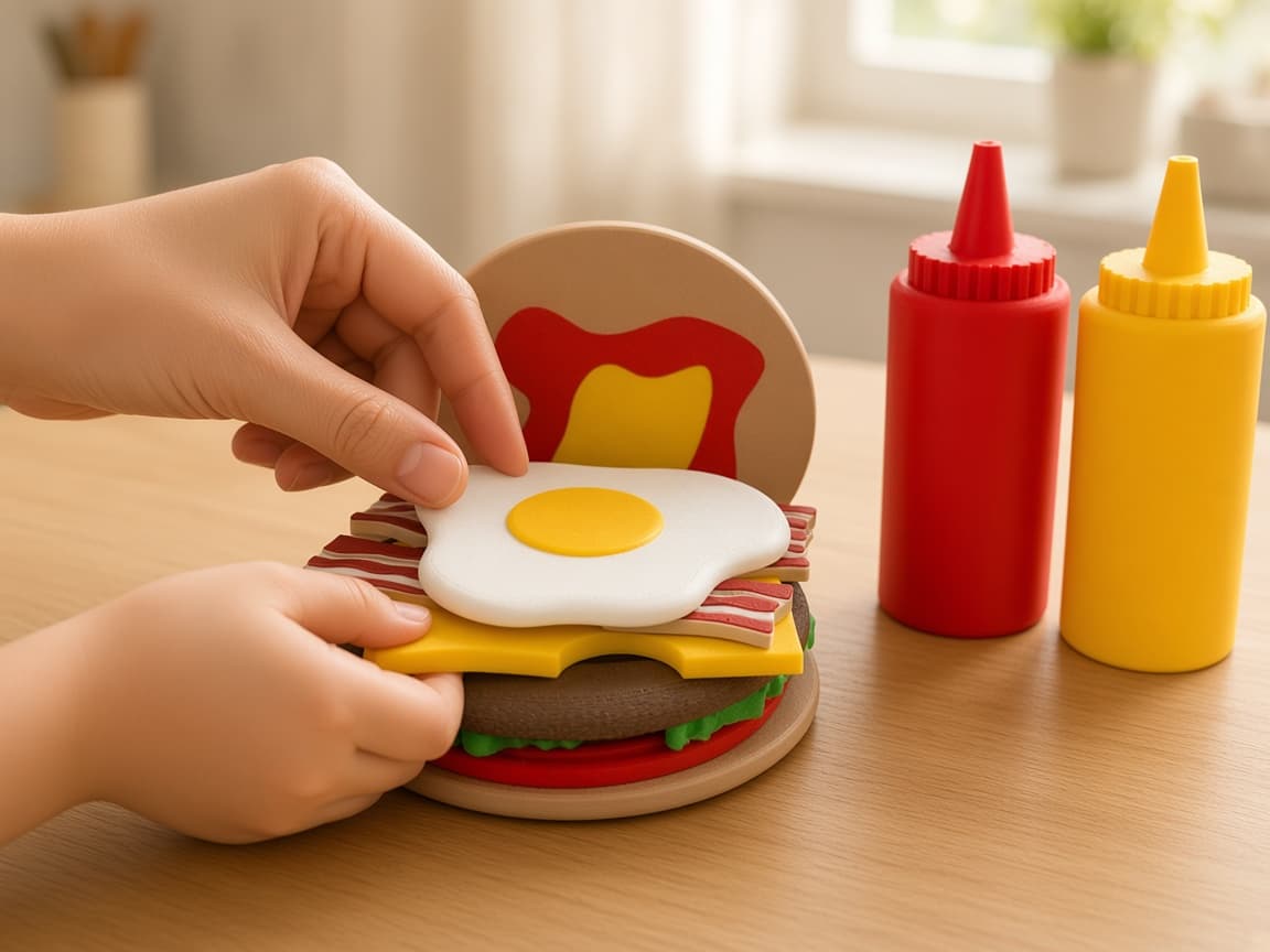 Stackable pretend burger with layers for build-your-way play, Grill-Side Energy