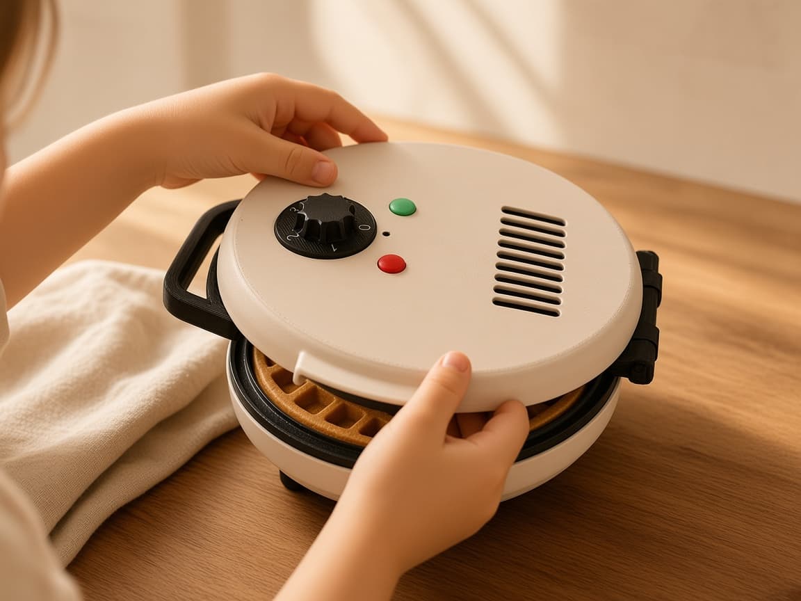Pretend waffle iron with dial and waffle pieces for Sunday brunch play, Press the batter