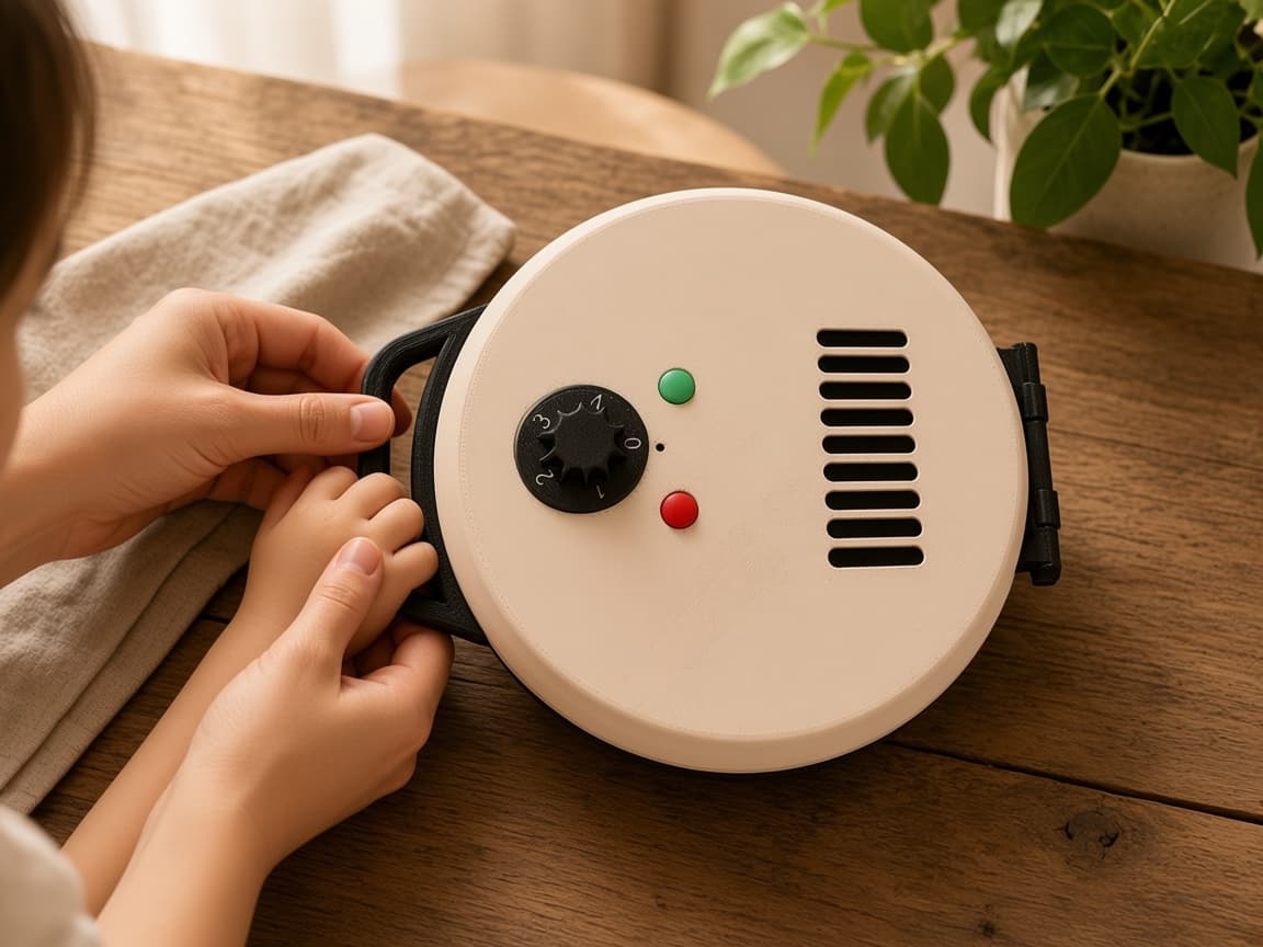 Pretend waffle iron with dial and waffle pieces for Sunday brunch play, Satisfying Hinge Play