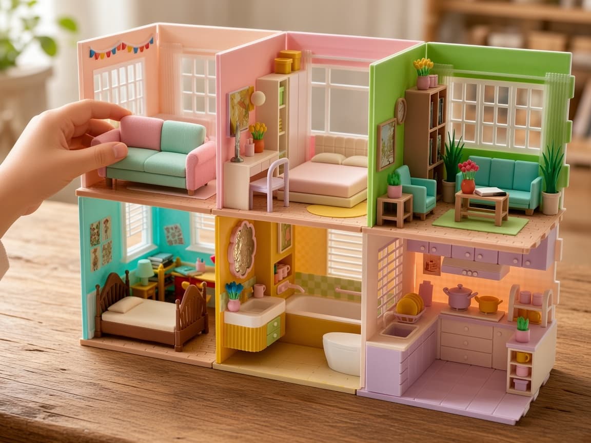 Colorful miniature home with six rooms for storytelling play, Room to room